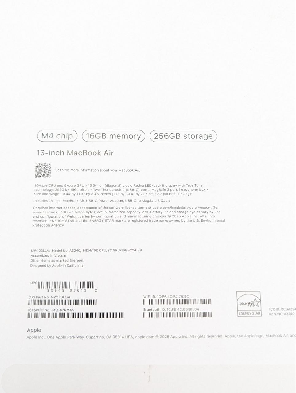 Apple MacBook Air 13,6" M4 16GB / 256GB Północ (Powystawowy)